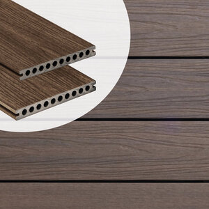 Tabla de tarima composite PuraShield, 2,3 x 21,0 x 300 cm, clips, alveolar, color ipé (palet 90 uds)