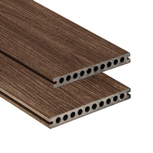 Tabla de tarima composite PuraShield, 2,3 x 21,0 x 400 cm, clips, alveolar, color ipé (palet 90 uds)