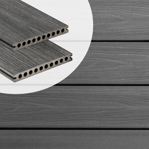 Tabla de tarima composite PuraShield, 2,3 x 21,0 x 400 cm, clips, alveolar, color gris oscuro (palet 90 uds)