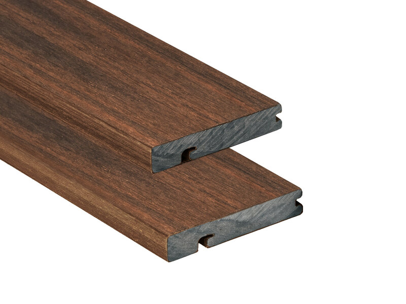 Tabla de remate para tarima composite PuraShield, 2,3 x 13,8 x 300 cm, clips, color ipé (palet 126 uds)