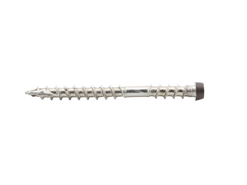Tornillo PuraFix para tabla de tarima, M5,3 x 58, acero inox, color ipé, para fijación superior — 75 uds (palet 10 uds)