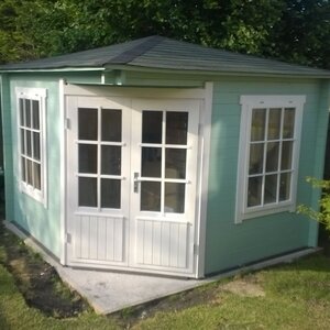 Casas de Madera Prefabricadas Olot - Diáfana - 7 m2 - Modelo Emma - Caseta EMMA - HOBYCASA azul y blanco