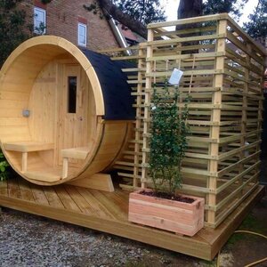 Sauna Barril de Abeto - 205 diámetro - 250 cms de largo - SAUNA BARRIL DE ABETO DE DIAMETRO 195 Y 250 CMS DE LARGO - JARDIN