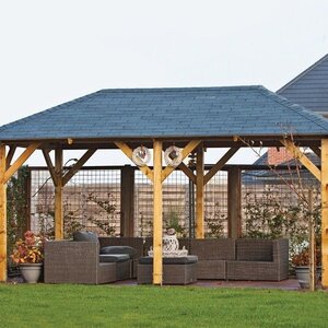 Cenadores de Madera tratada Superior - Medidas 590x340 cms - Cenador Superior con Tegola negra - HOBYCASA