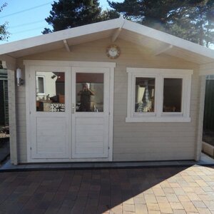 Casas de Madera Hellín - Diáfana - 11 m2 - Modelo Rorik - Caseta de madera RORIK - Lasur gris y blanco