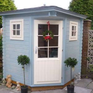 Caseta de madera tipo garita en esquina - 3,5 m2 - Modelo Petit-Petra - Caseta de madera 200X200 - 28MM PETIT LASUR AZUL