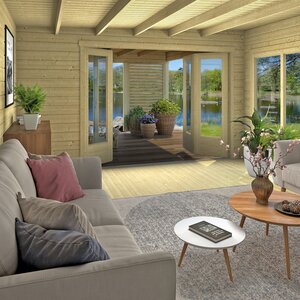 Casas de Madera Prefabricadas Huelva - 18 m2 diáfanos y 15 m2  de porche - Casas de madera modernas con porche frontal HUELVA salon