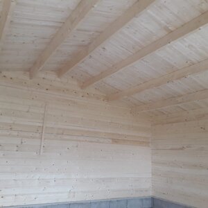 Casas de Madera Prefabricadas Jerez - 27 m2 diáfanos + 14 m2 de porche - Casas prefabricadas JEREZ 598x500+240cm - 44 MM - interior blanco