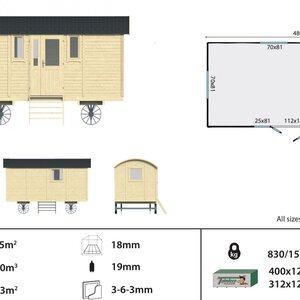 Casas de Madera Prefabricadas Leganés - 12 m2 - Gypsy Caravan - Modelo Patricia - Mini casa sobre ruedas - FICHA TECNICA